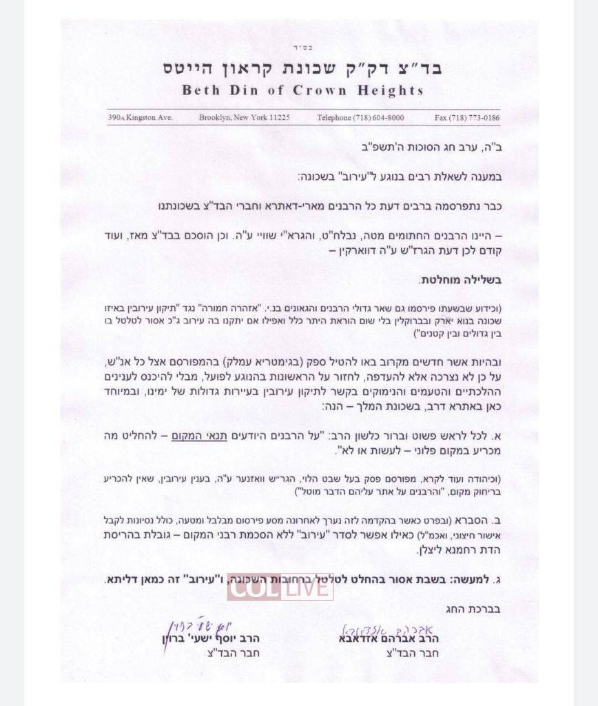 Ruling of Rabbis Avrohom Osdoba and Yosef Yeshaya Braun, Erev Sukkos 5782